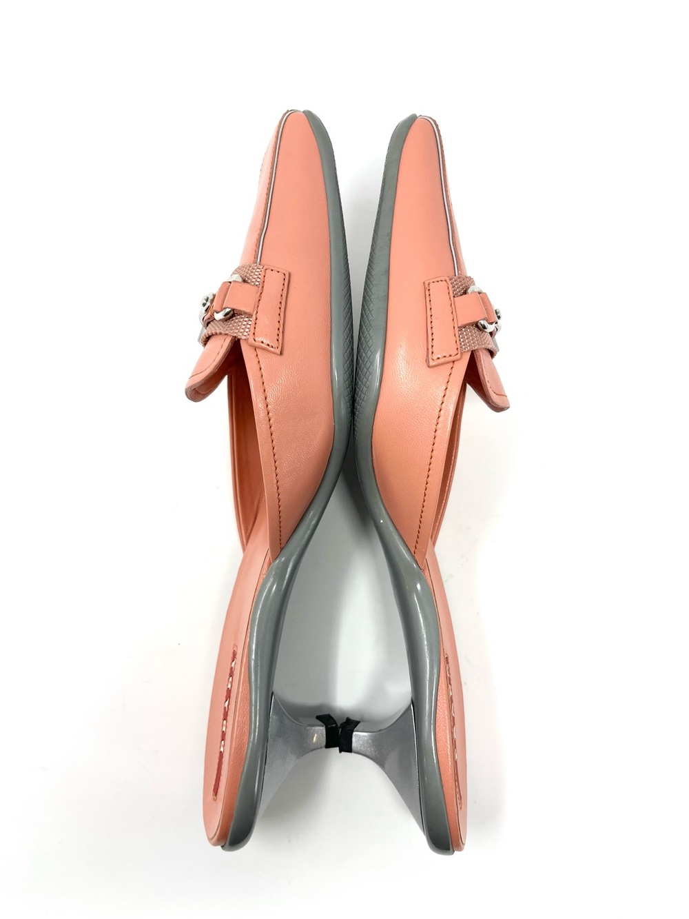 Vintage Prada Y2K Pink Coral Peach Leather Logo Buckle Mules Kitten Heels 37 7 - Picture 7 of 12